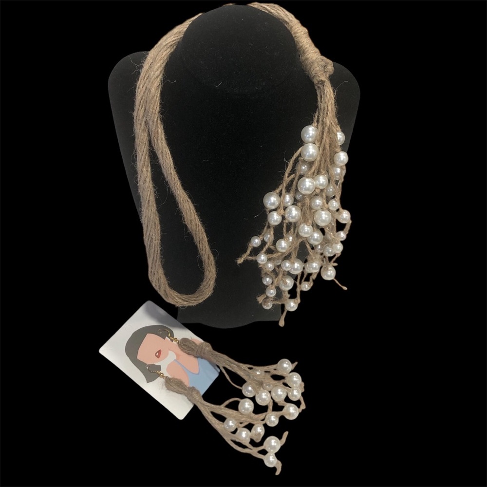 New Handmade Faux Pearls Jute Necklace - Picture 4 of 5